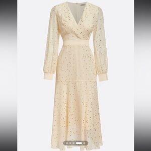Fehaute Beige Gold Chiffon V-Neck Long Balloon Sleeve A-Line Midi Dress Size 4